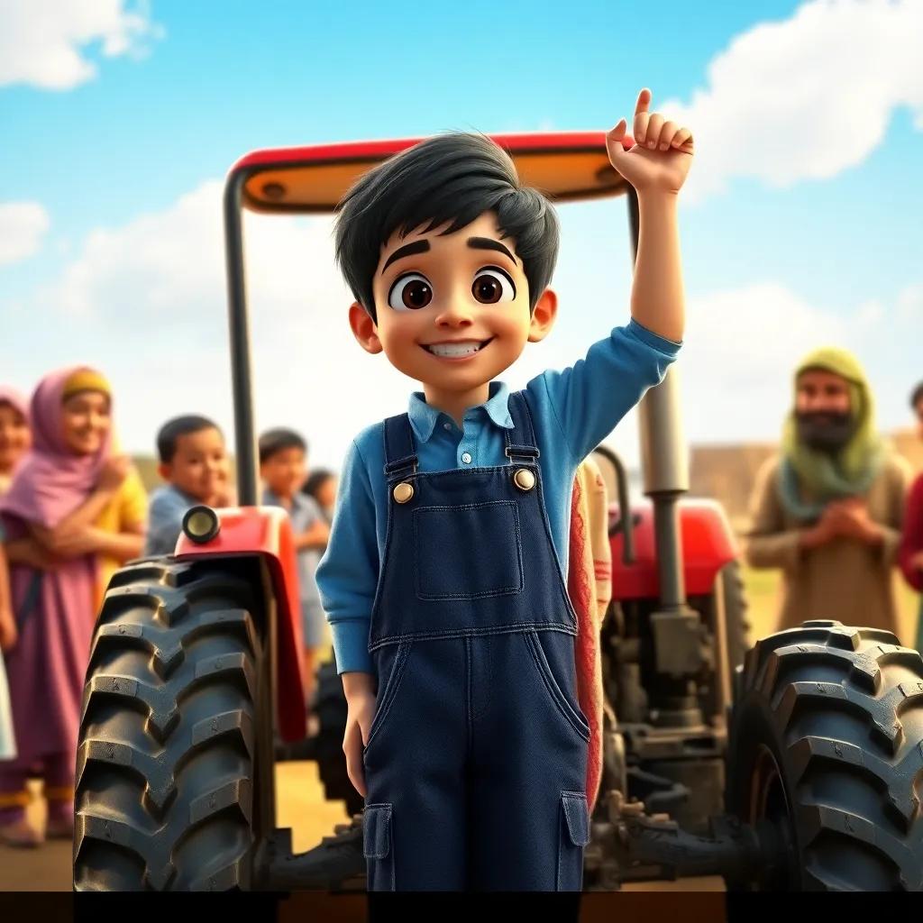 Sami, a young Arab boy with short black hair, wearing a blue shirt and denim overalls, happily presenting the repaired tractor to grateful villagers, joyful celebration, sunny atmosphere, colorful, uplifting imagery