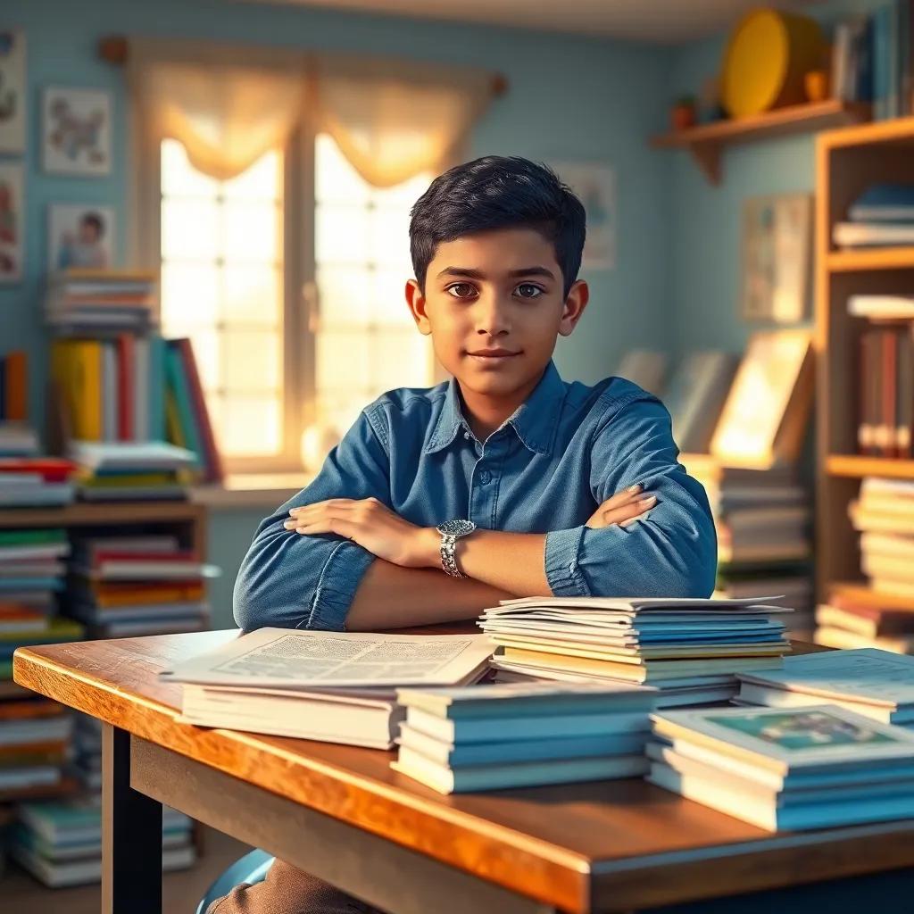 A young Arab boy, Sami, with short black hair, wearing a blue shirt and brown jeans, sitting at a desk surrounded by books and papers, with a determined expression, bright and colorful study room, digital art, warm light, cozy atmosphere, high quality