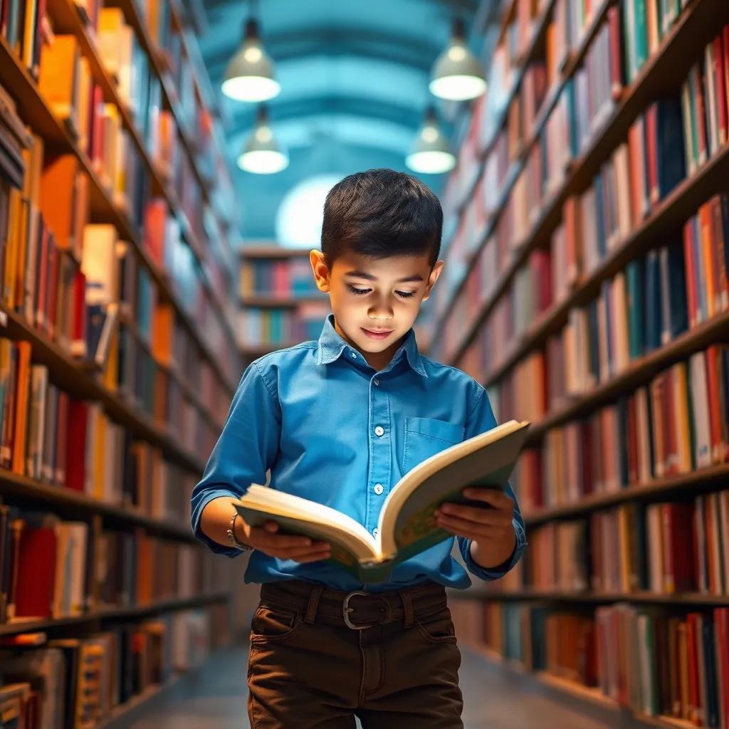 A young Arab boy, Sami, with short black hair, wearing a blue shirt and brown jeans, looking at a glowing book with excitement, in a vibrant library filled with books, soft light, inviting colors, perspective from slightly below, dynamic composition, high quality