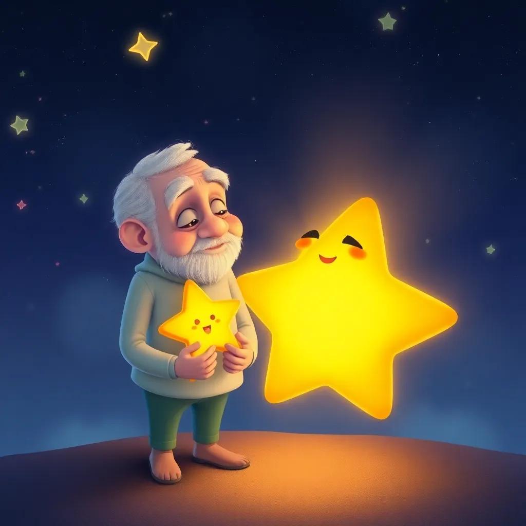 An old star, glowing gently, sharing wisdom with Layla, the small star, under a blanket of stars, conveying friendship and guidance, illustration, warm light, heartwarming scene, high quality