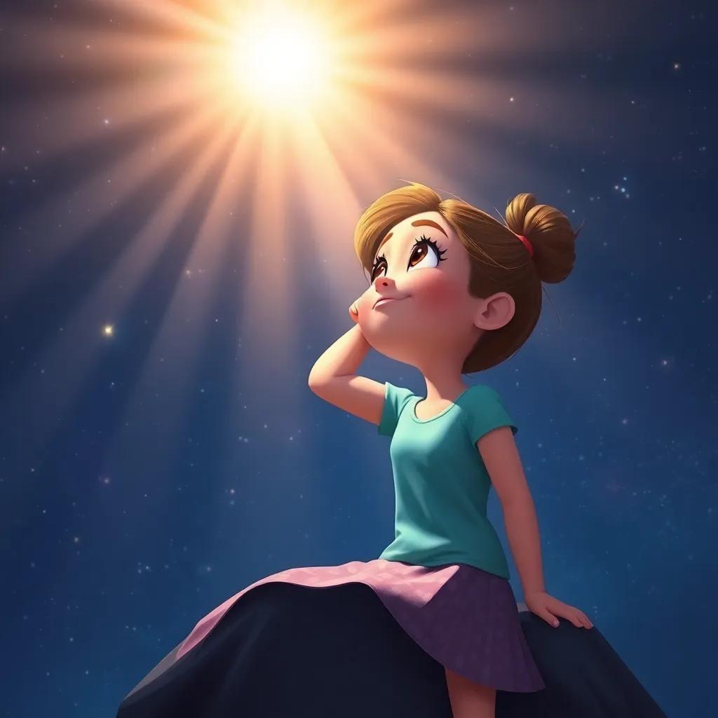 Layla's determination growing, brightening up in the starry night, with beams of light shining from her, depicting growth and confidence, digital painting, inspiring colors, uplifting mood, high quality