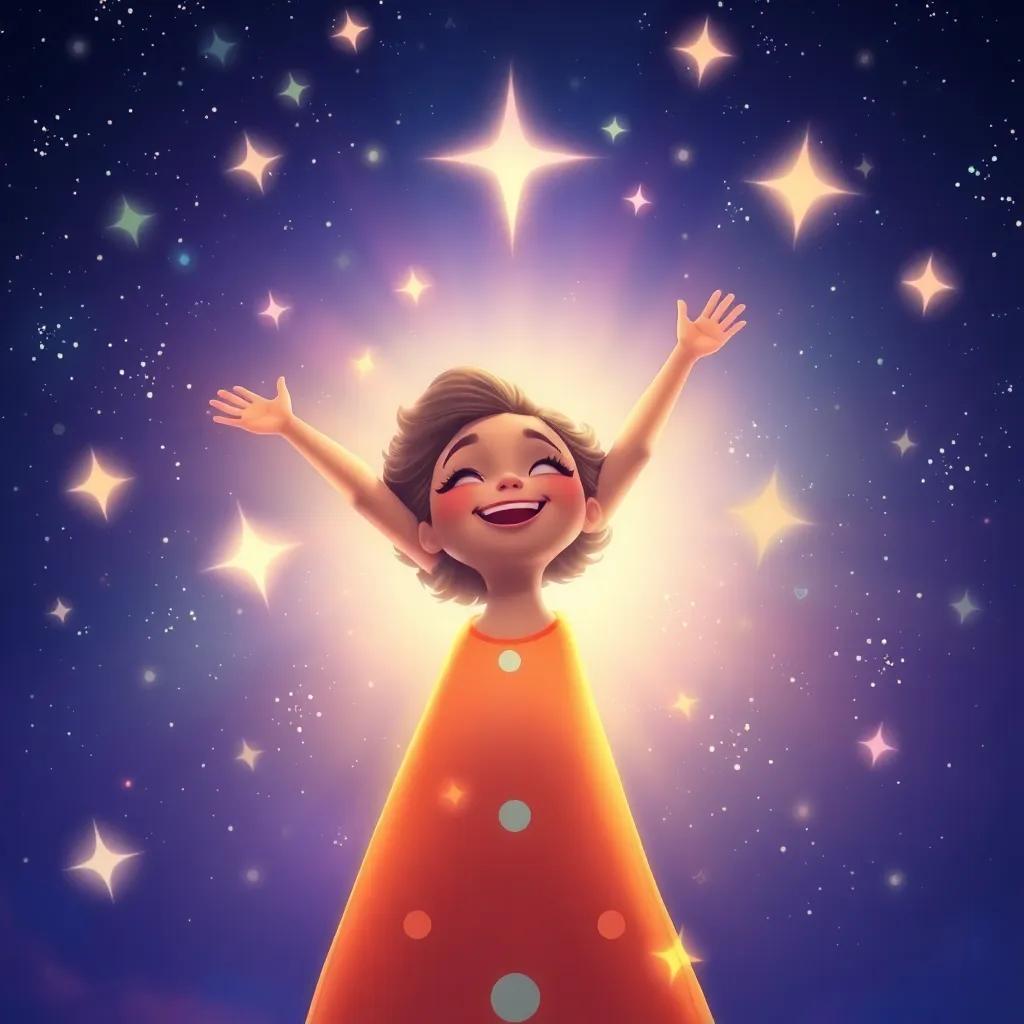 A transformed Layla shining brightly in the night sky, radiating joy and wisdom, surrounded by shimmering stars, celebrating her journey, illustration, colorful, joyous atmosphere, high quality
