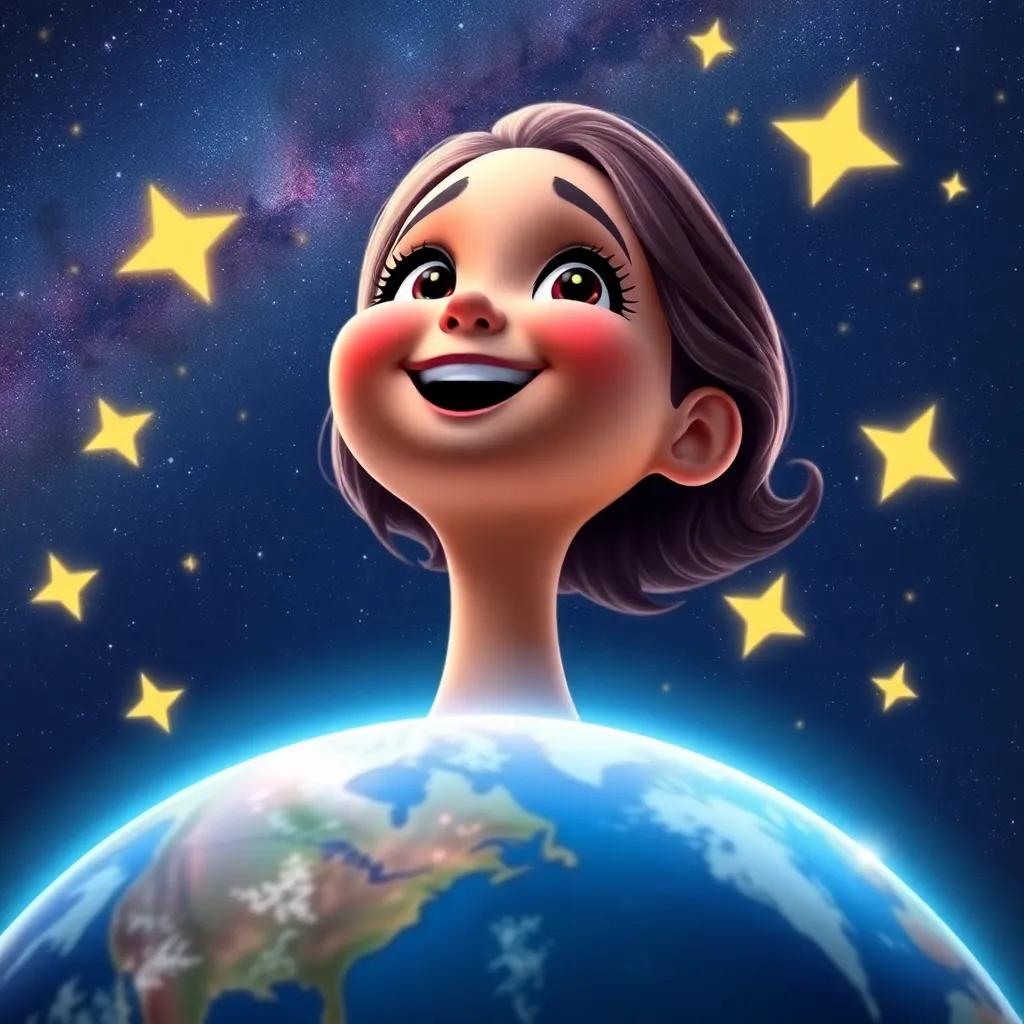 Layla, now a big star, looking down at the earth joyfully, with a galaxy backdrop and twinkling stars, symbolizing success and dreams coming true, digital art, vibrant colors, celebratory vibe, high quality