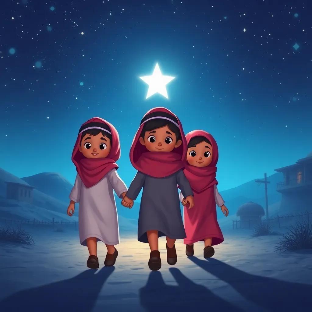 A group of Arab children holding hands, walking away from their village into a starry night, with a bright shining star illuminating their path, detailed digital art, cool blues, inviting, child-friendly