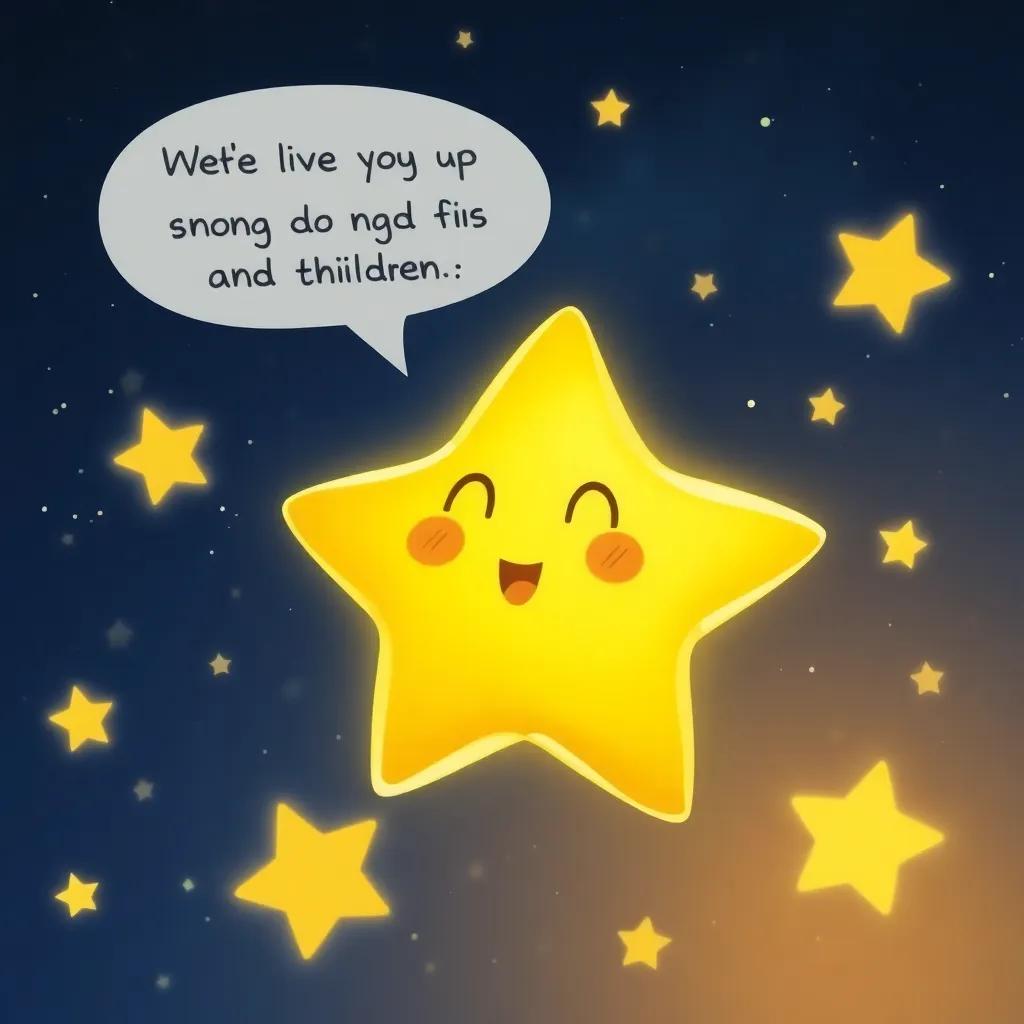 A bright twinkling star speaking to the children, with a whimsical look and warm light, floating in the night sky, surrounded by other stars, illustration, magical, vibrant, friendly