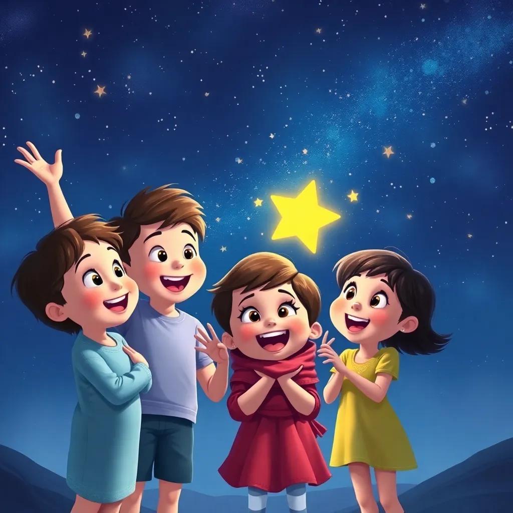 The children excitedly sharing their dreams with the star, each displaying animated expressions, the night sky filled with magical sparkles, digital painting, lively colors, uplifting atmosphere