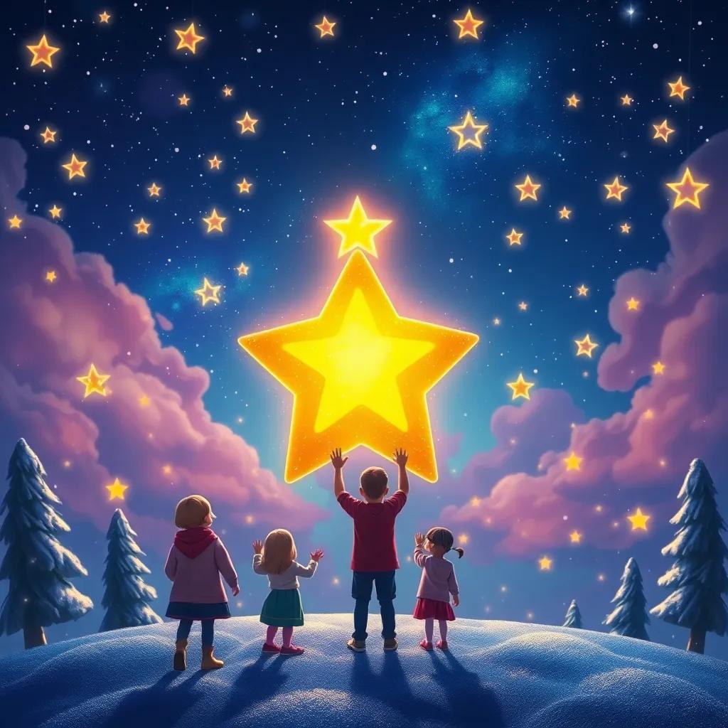 The star glowing brightly as it grants the children's wishes, a colorful sky filled with new stars reflecting their dreams, festive, magical, deep saturation, vibrant imagery