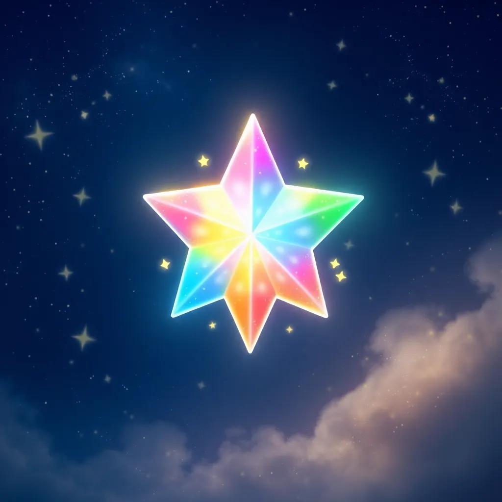A magical star with shining bright colors, surrounded by twinkling stars in a deep night sky, delightful atmosphere, child-friendly, digital art, vibrant colors, high quality