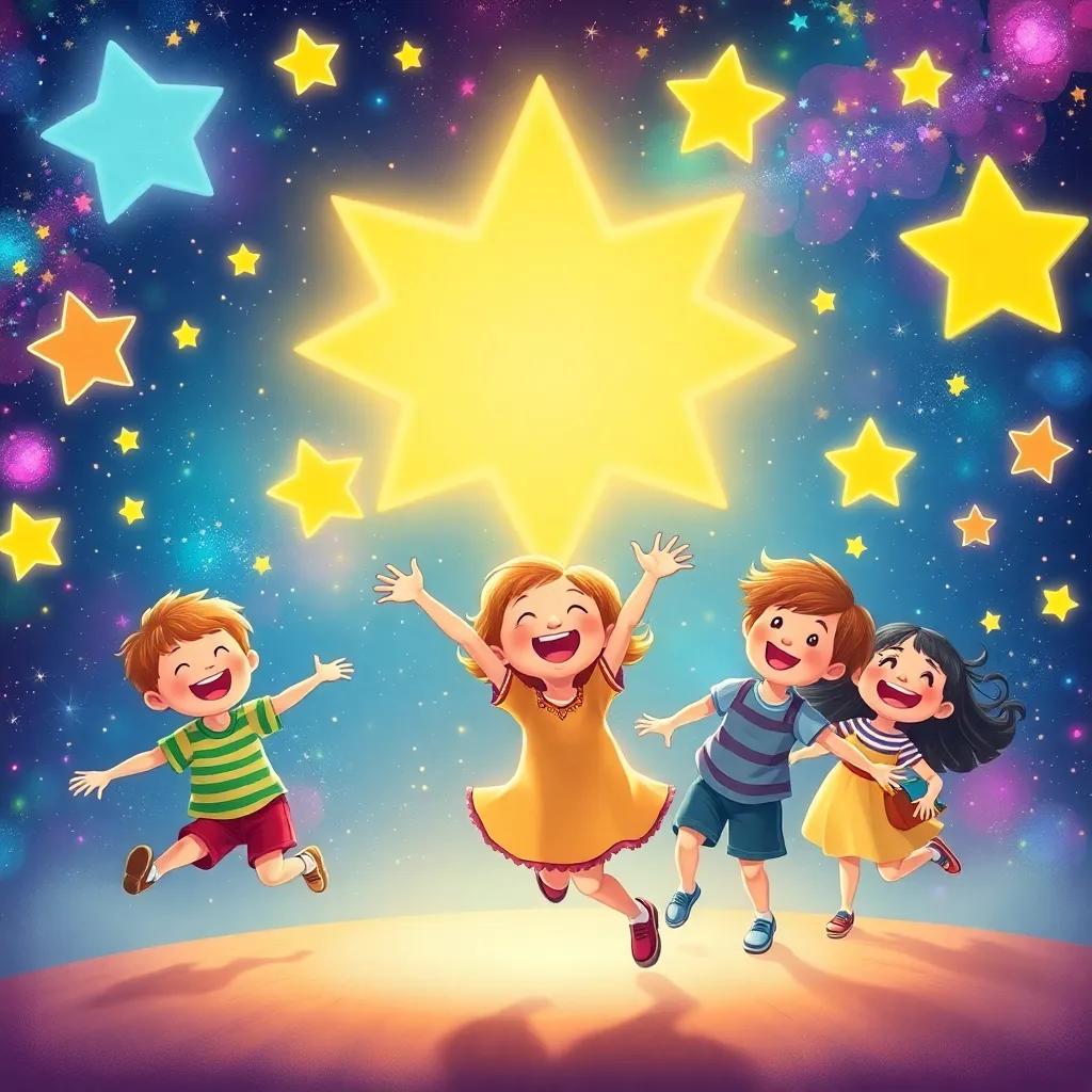 A group of joyful children dancing among shining stars and colorful galaxies, with laughter and wonder in their eyes, illustration, cheerful, immersive, child-friendly