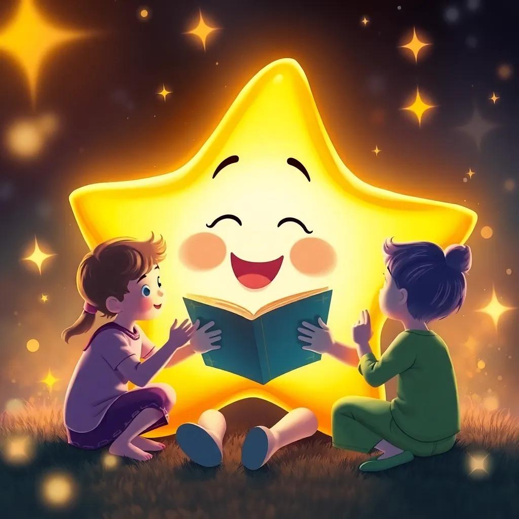 A warm and glowing star named 'Hope' sharing stories with the children, surrounded by sparkles and twinkling lights, magical feel, rich colors, inviting ambiance, digital art