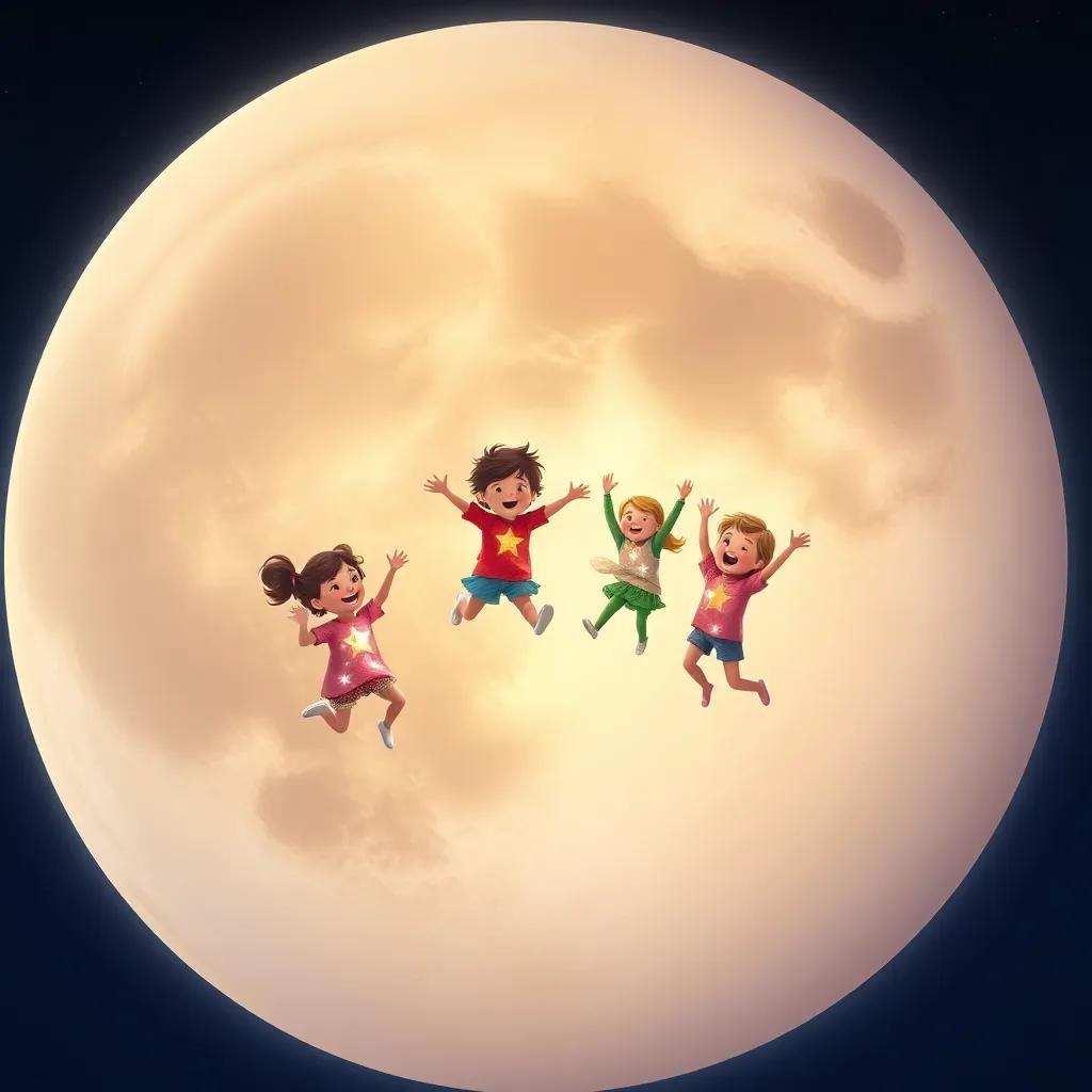 A big, round moon where children are jumping and playing, wearing shiny star-like clothes, filled with laughter and joy, vibrant colors, whimsical view, heartwarming