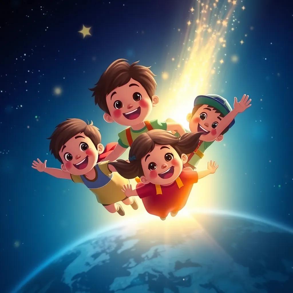The children flying back to Earth, their faces lit with happiness, surrounded by stars, creating a trail of light behind them, joyful atmosphere, colorful, uplifting imagery
