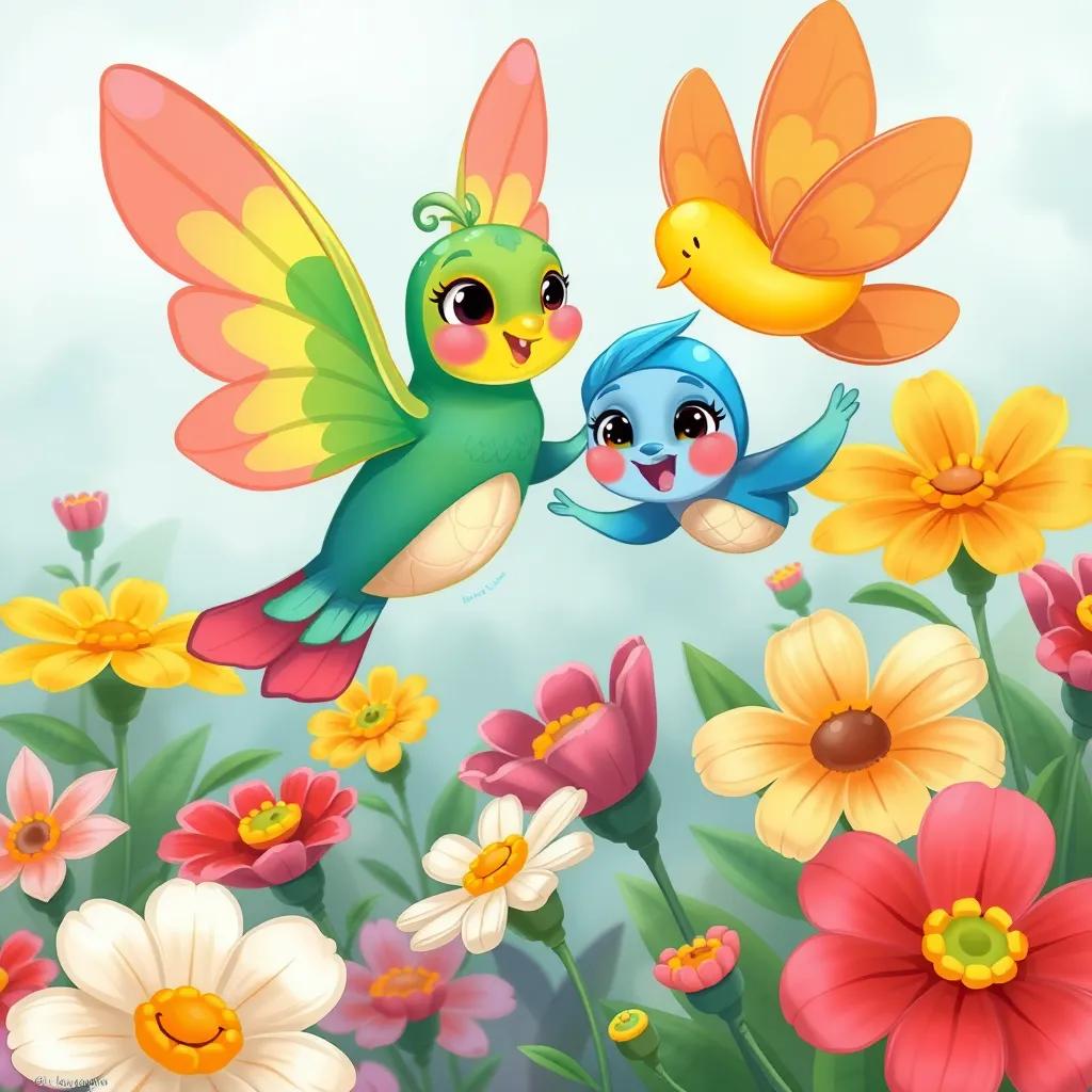 Bqah and her new friend, flying together over vibrant flowers, gathering nectar, the flowers appear alive, displaying smiles and happiness, digital illustration, colorful, joyful atmosphere, high quality