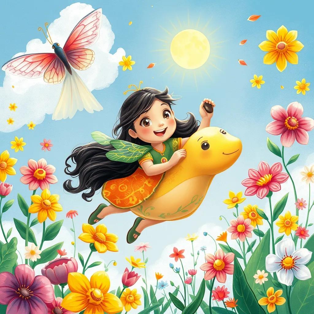 Bqah flying among nature with her friend, filled with vibrant flowers around, making everyone smile, teamwork shining brightly, detailed art, warm, colorful, high quality
