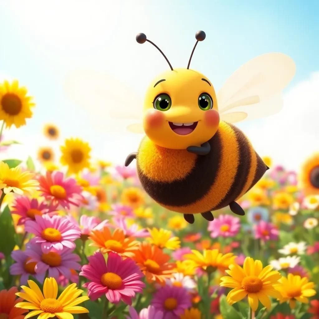 A small diligent bee named Rokaya flying over a colorful garden filled with flowers, bright sunlight shining, joyful and hardworking atmosphere, digital art, vibrant colors, high detail, child-friendly