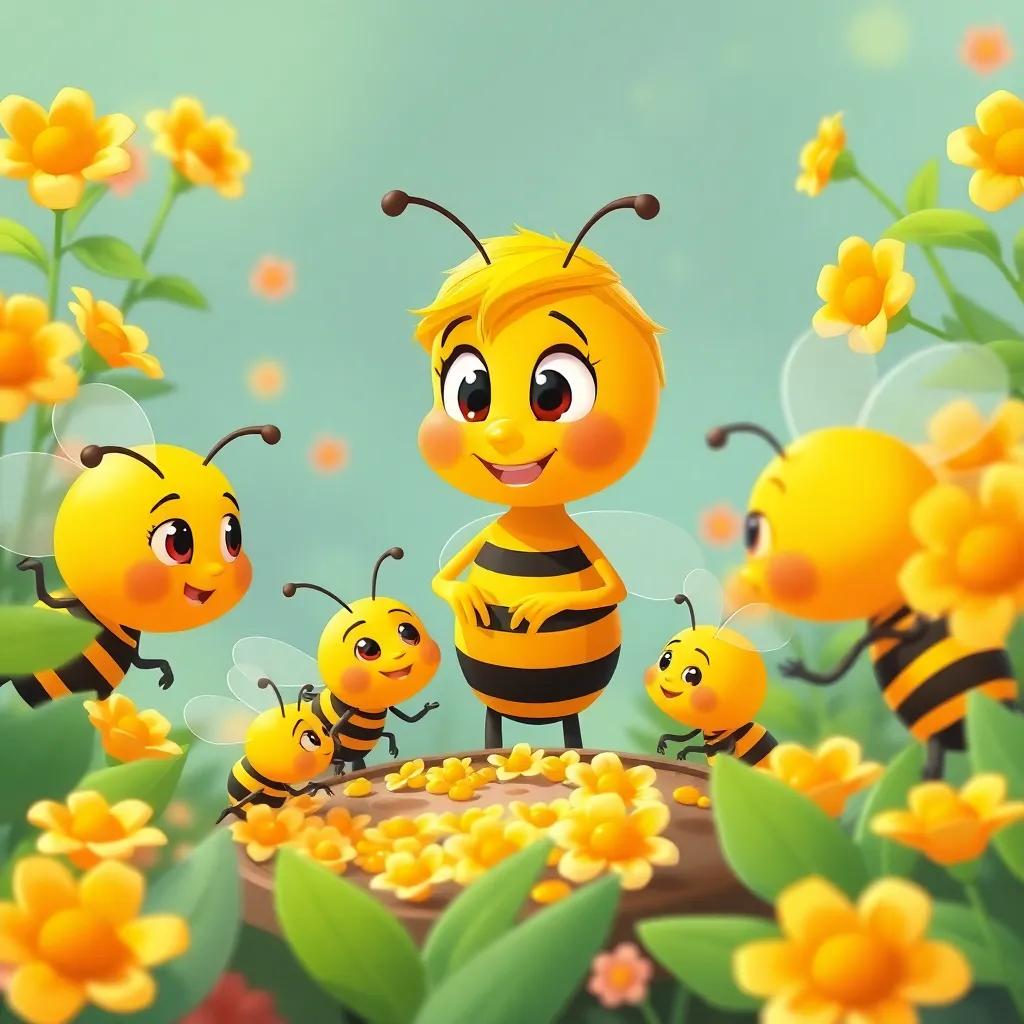 Rokaya the bee observing other bees working together in a garden, bees gathering nectar, teamwork dynamic, cheerful vibe, engaging scene, illustration, bright colors, child-friendly