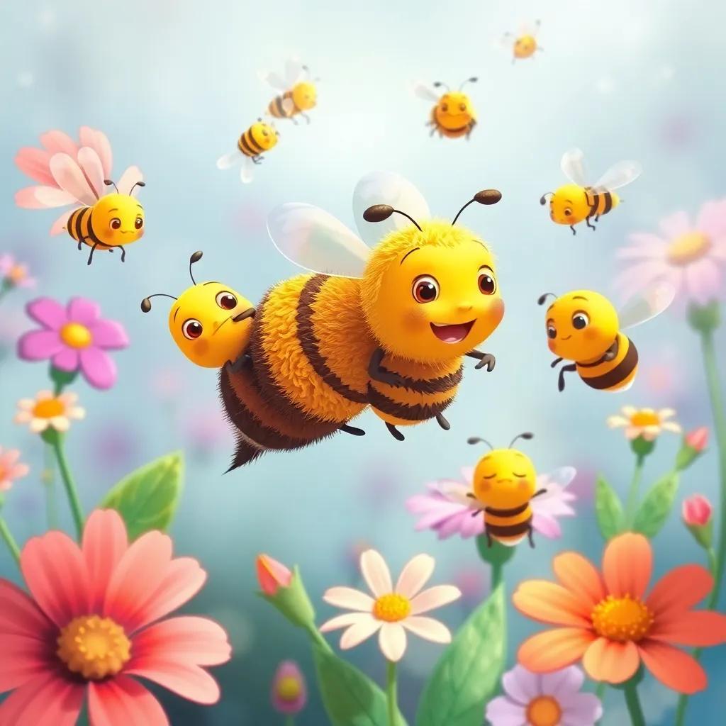 Rokaya joining other bees in collecting nectar, bees buzzing happily, teamwork in action, each bee doing its part, colorful flowers around, joyful scene, digital painting, child-friendly