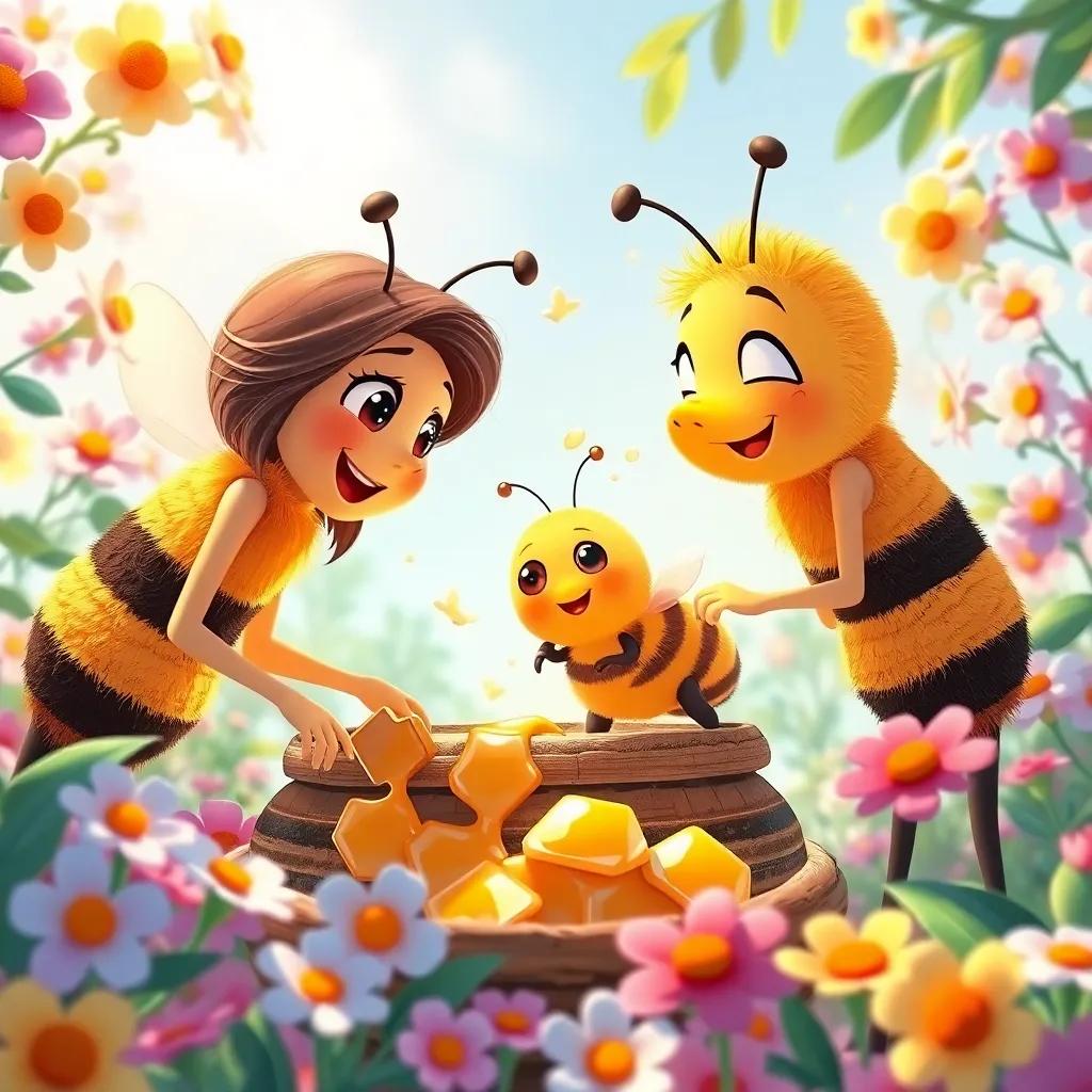A beautiful scene showing Rokaya and her bee friends happily working together, gathering honey, flowers blooming around them, sense of friendship, cheerful environment, illustration, bright vibrant colors