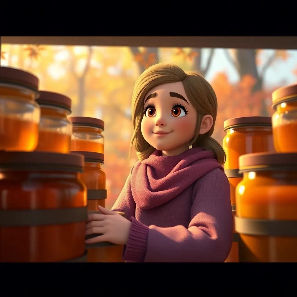 Rokaya looking proudly at the jars of honey collected with her friends, warm autumn light, sense of accomplishment, teamwork theme, heartwarming, colorful background, digital art