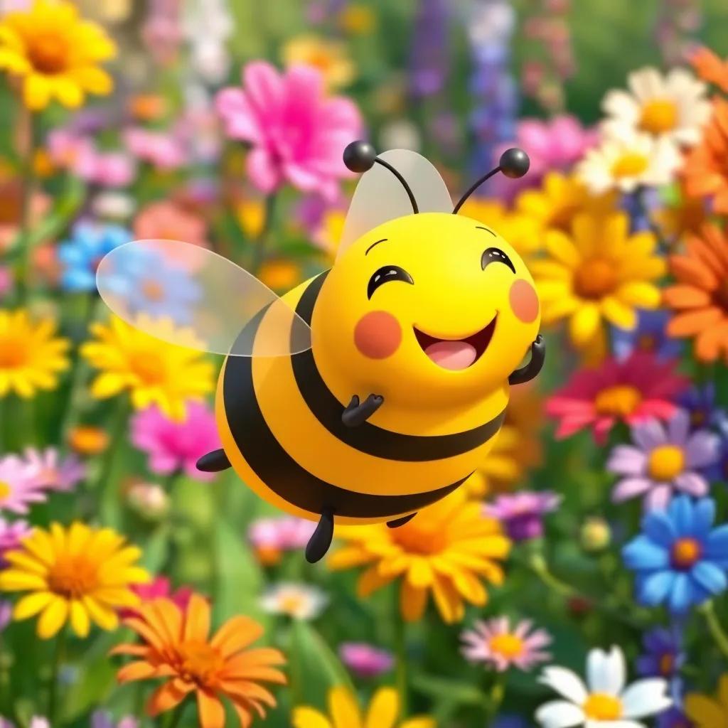A cheerful bee, Taiba, with bright yellow and black stripes, flying joyfully in a colorful flower garden filled with various flowers, digital art, bright colors, cheerful atmosphere, high quality