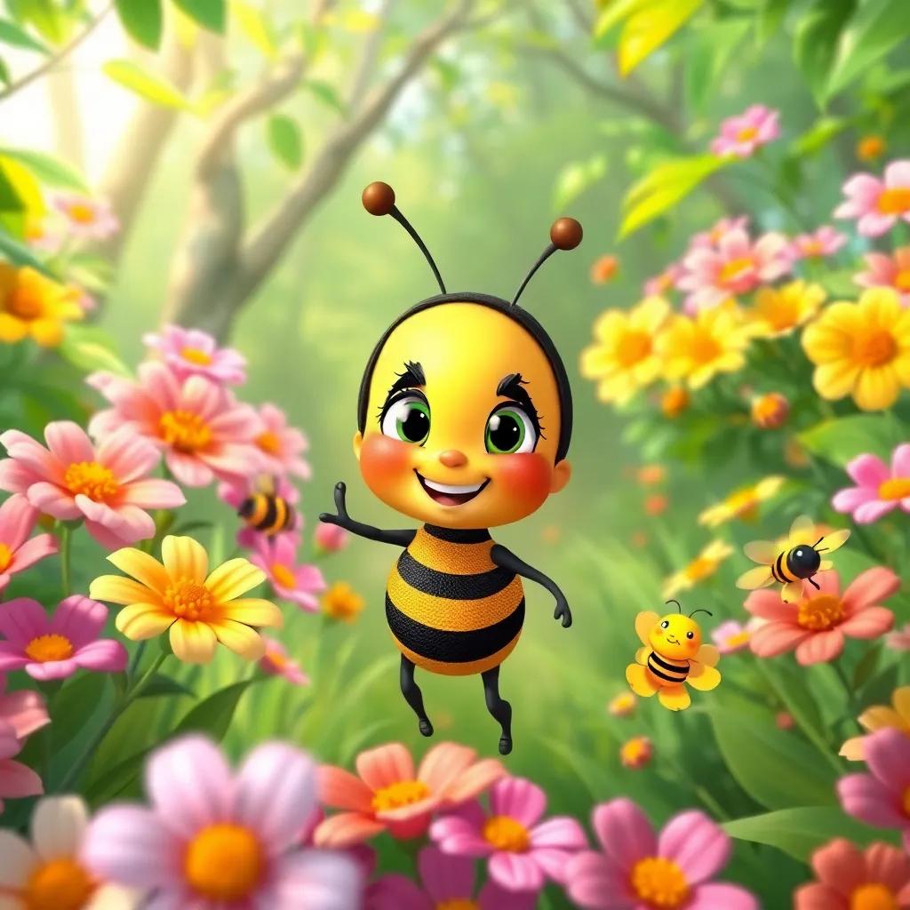 Taiba, the cheerful bee, with bright yellow and black stripes, exploring a lush green forest with her bee friends, surrounded by beautiful blooming flowers in vibrant colors, illustration, adventurous, fun atmosphere, high quality