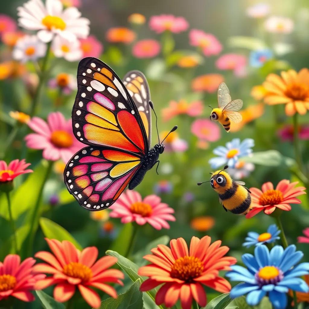 A beautiful butterfly singing in a garden with colorful flowers, a cheerful bee listening nearby, detailed digital art, bright colors, joyful atmosphere, high quality