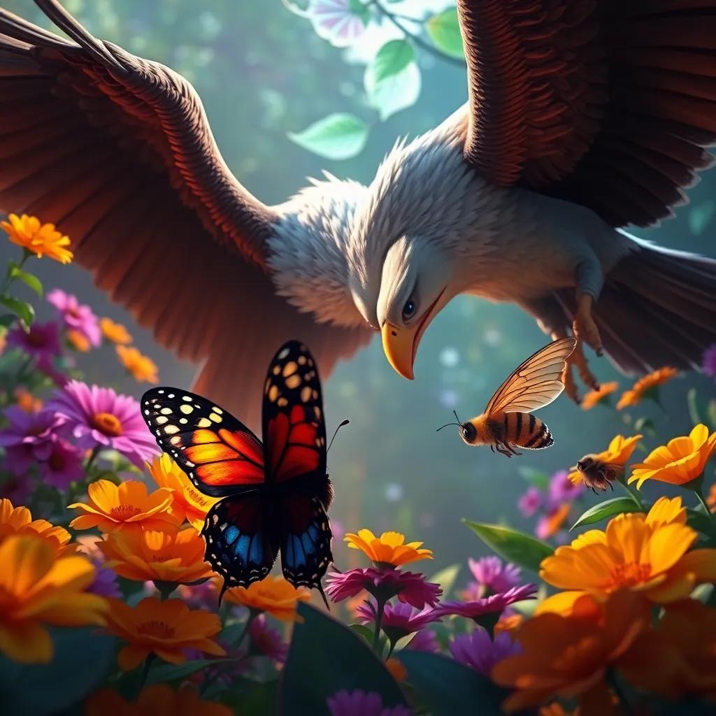 A brave butterfly confronting a large eagle in a vibrant garden, a worried bee looking on, dramatic lighting, rich colors, intense scene, high quality
