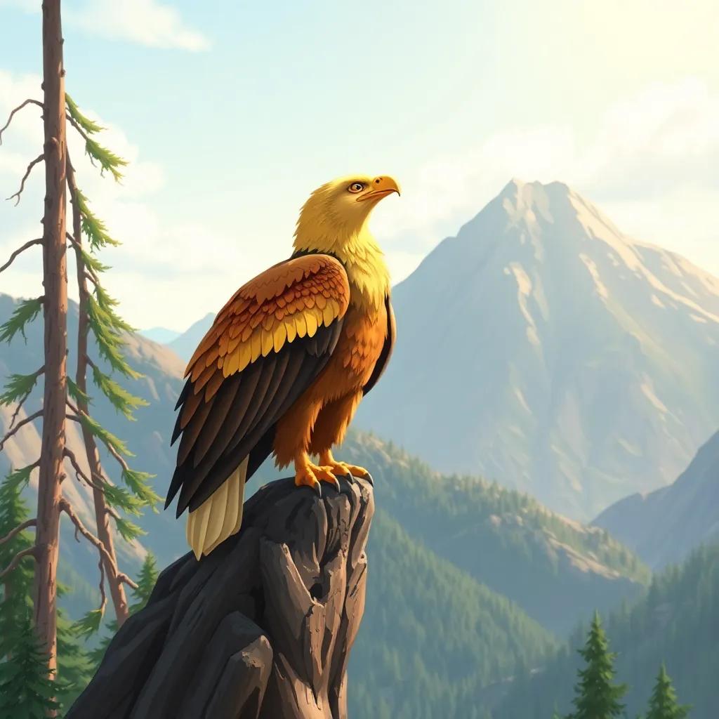 A majestic golden eagle, sitting on a tall tree on a mountain peak, looking out into the sky with hope, digital art, warm sunlight, inspiring atmosphere, high quality