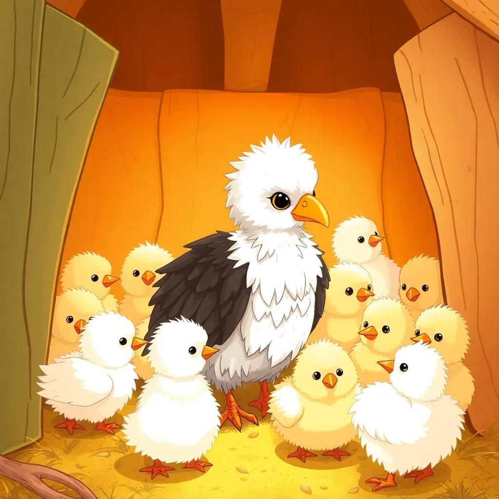 A baby eagle among cute fluffy chicks in a cozy chicken coop, playing and growing together, friendly setting, bright colors, cheerful vibe, warm light, high quality