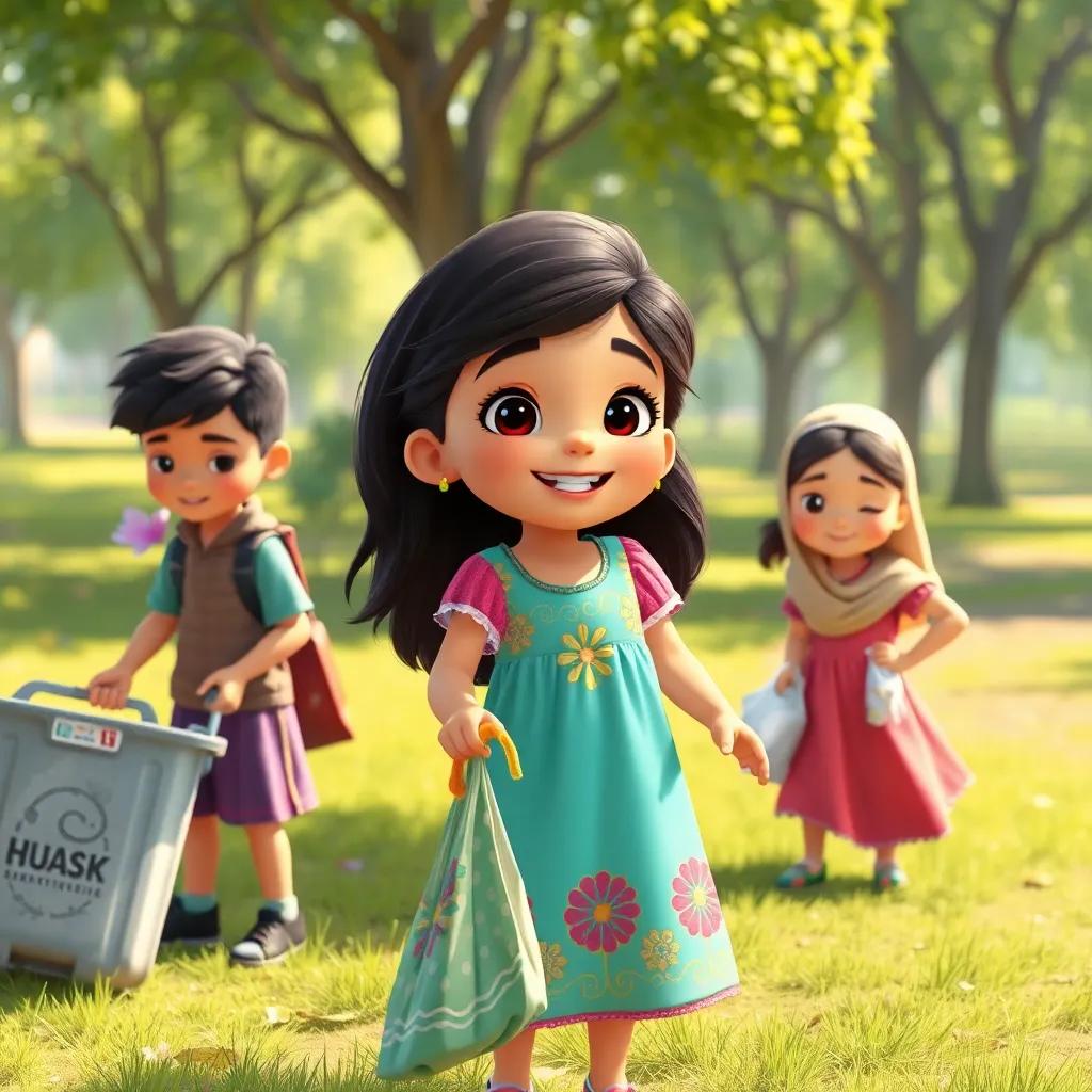 A little Arab girl, Aisha, with long, dark hair, wearing a colorful dress, happily collecting trash with her friends in a green park, sunny day, joyful atmosphere, bright colors, child-friendly, high-quality art