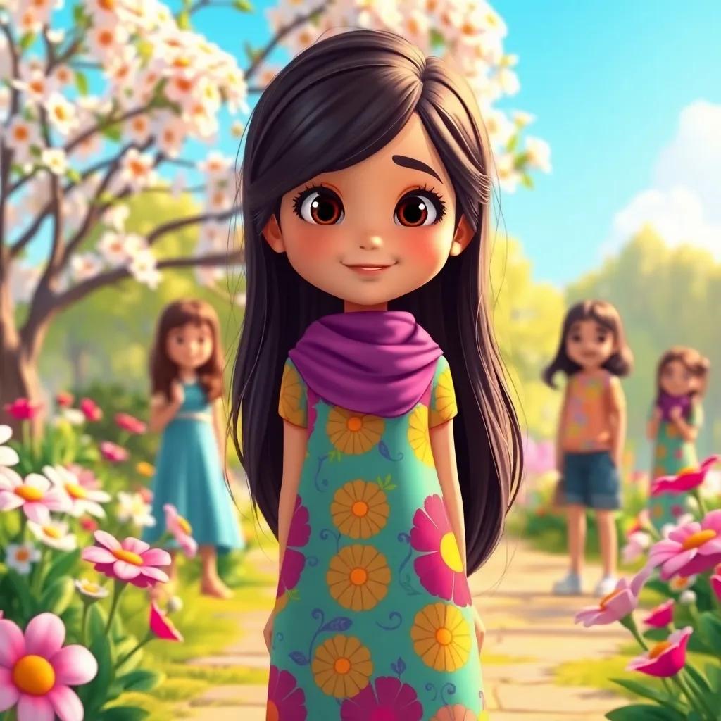 Aisha, a little Arab girl with long, dark hair, wearing a colorful dress, standing proudly in a clean park filled with blooming flowers, her friends smiling around her, warm sunlight, vibrant scene, high-quality illustration