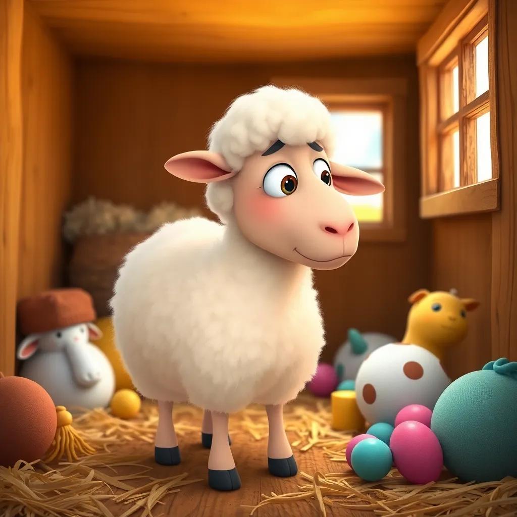 A worried sheep named Mary with fluffy white wool, standing in a cozy home filled with hay and toys, looking out the window, digital art, bright and warm colors, inviting atmosphere