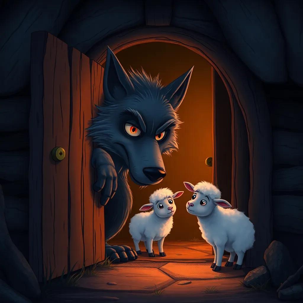A cunning wolf looking through the door of a cozy house, trying to trick the little sheep inside, detailed illustration, suspenseful, dark colors, dramatic lighting
