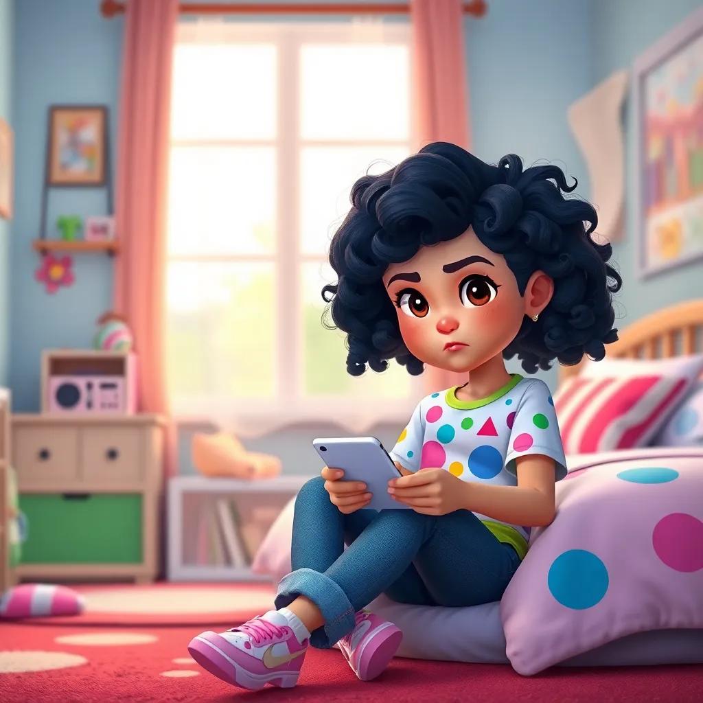 A young girl, Lama, with curly black hair, wearing a colorful t-shirt and jeans, sitting in her bedroom with a phone, looking serious, digital art, bright colors, playful atmosphere, lively, high quality