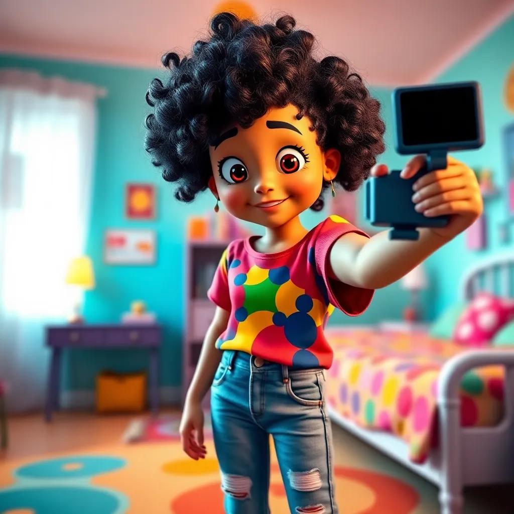 Lama, a young girl with curly black hair, wearing a colorful t-shirt and jeans, filming a funny video in her lively bedroom, cheerful colors, warm light, engaging perspective, high quality