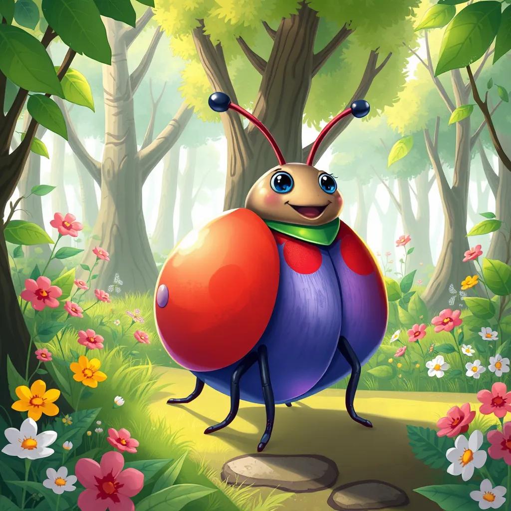 A colorful bug, نَمْبَة, with bright colors, walking happily in a lush green forest with friends, surrounded by trees and flowers, digital art, vibrant colors, cheerful atmosphere, high quality