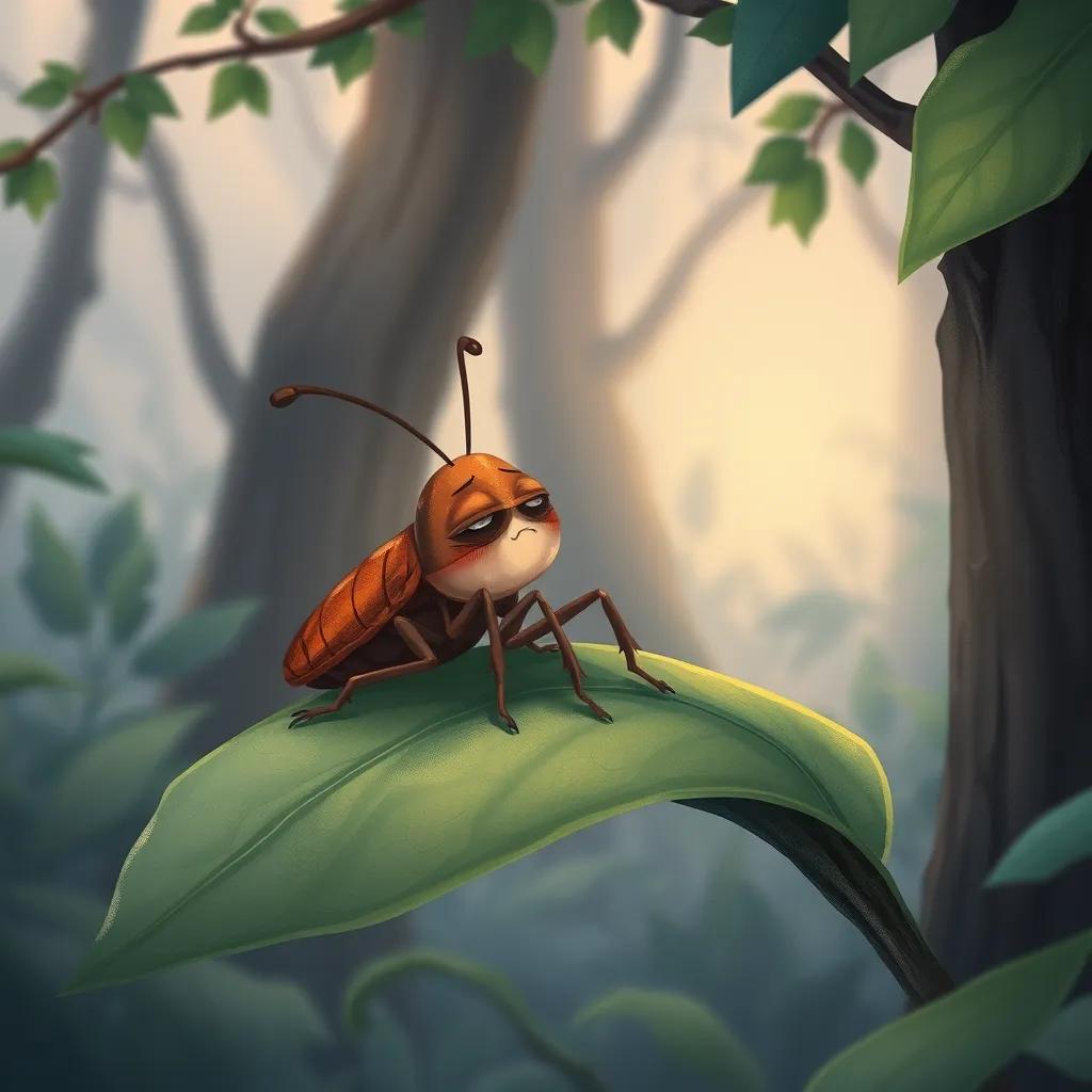 A sad cockroach, صَرْصُور, sitting alone on a leaf in the forest, looking downcast with nature around him, illustration, soft colors, emotional scene, high quality