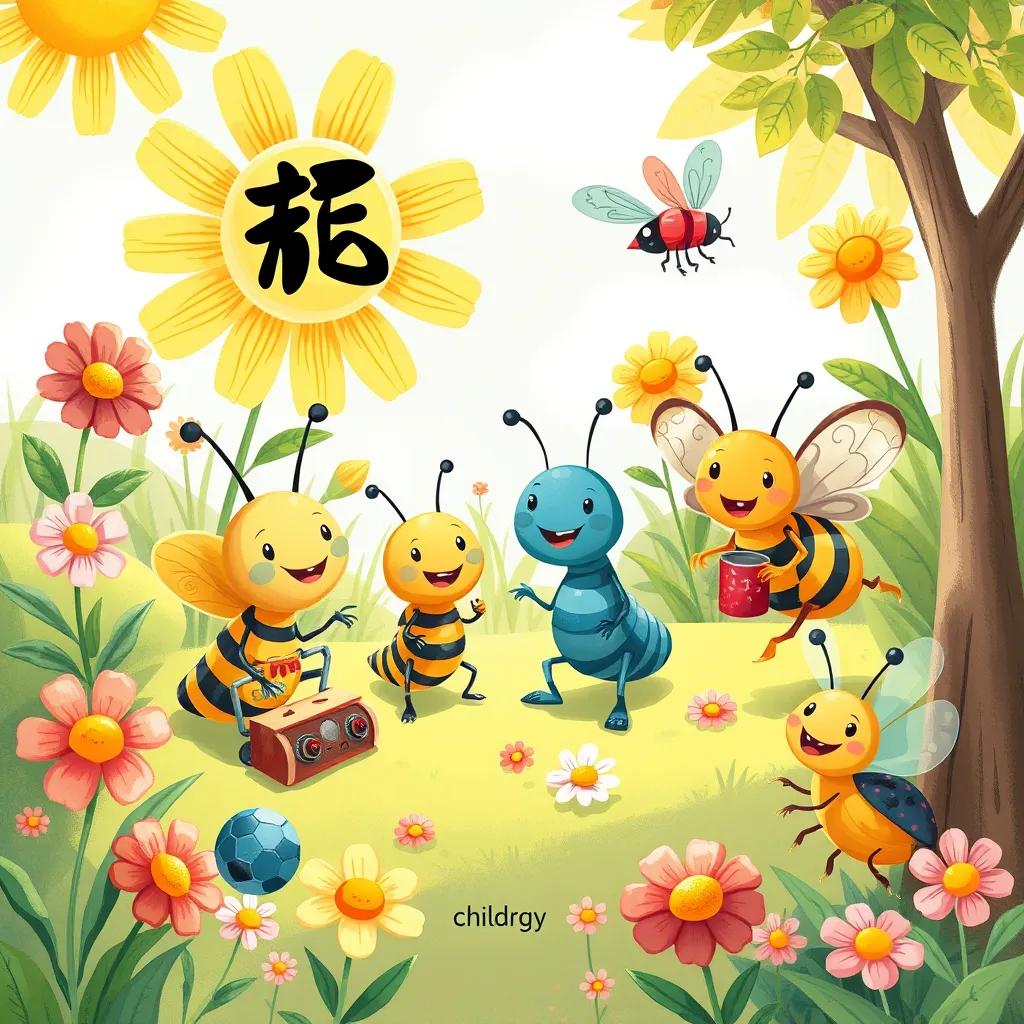 A happy group of insects playing in a sunny garden, including نَمْبَة and صَرْصُور, having fun with toys and flowers, bright colors, joyful setting, high quality
