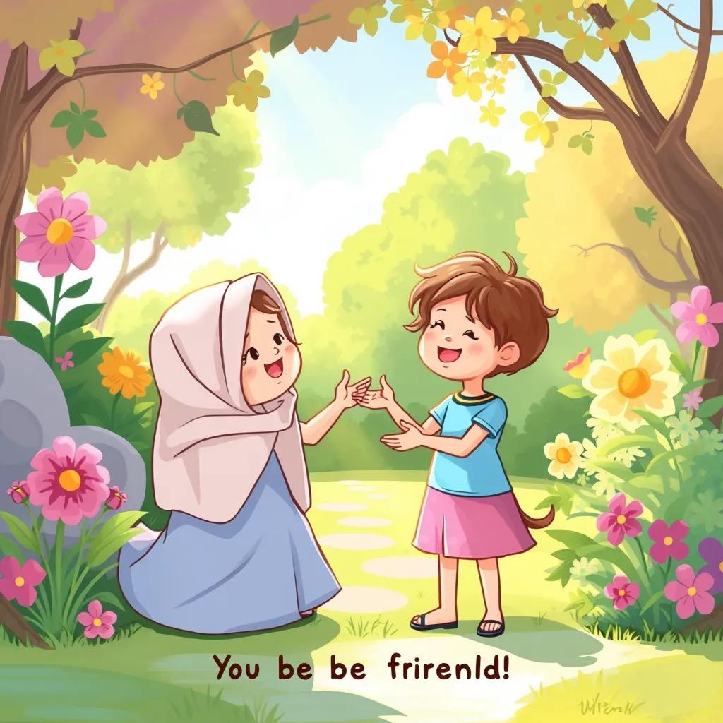 The moment نَمْبَة invites صَرْصُور to be friends, with a beautiful garden backdrop, warm sunlight shining down, uplifting scene, digital painting, colorful, heartwarming