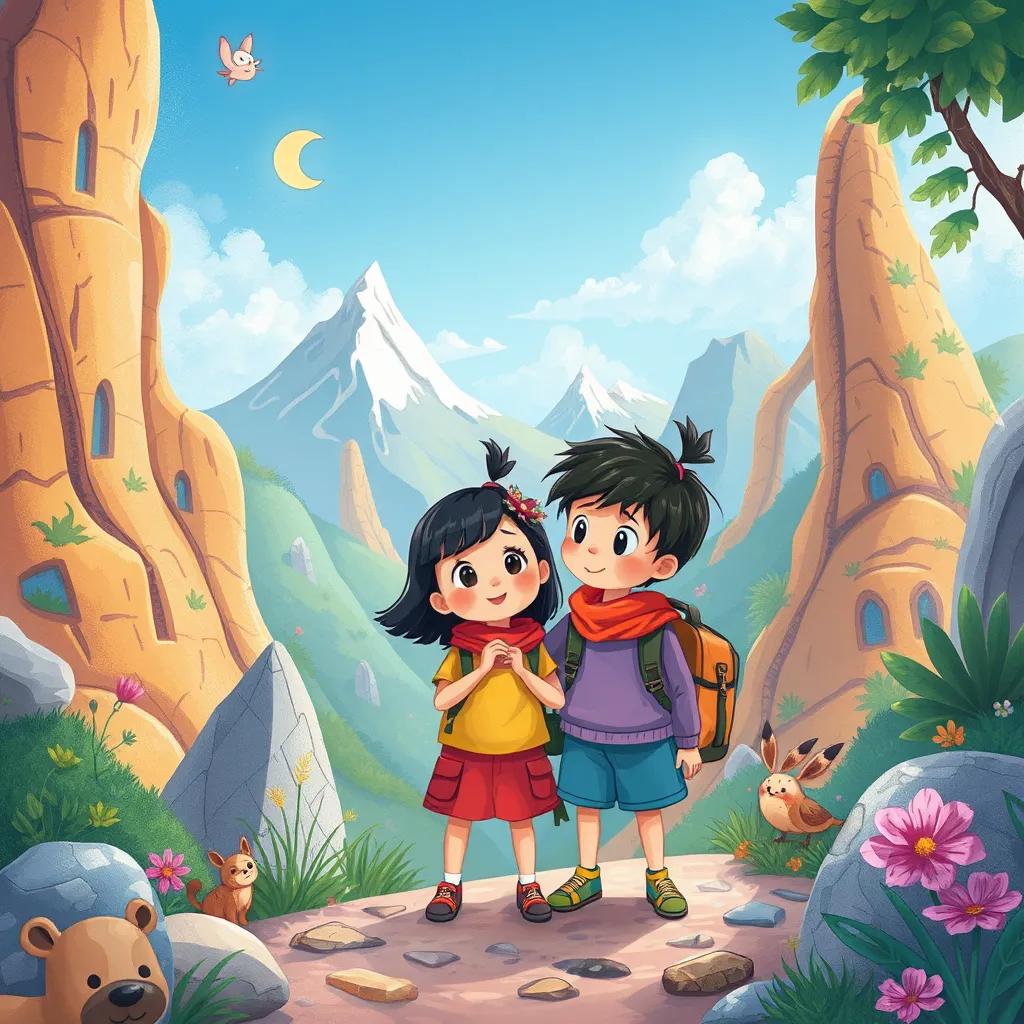 Nَمْبَة and صَرْصُور exploring new places together, discovering little wonders in nature, with other friends around, vibrant colors, adventurous atmosphere, high quality