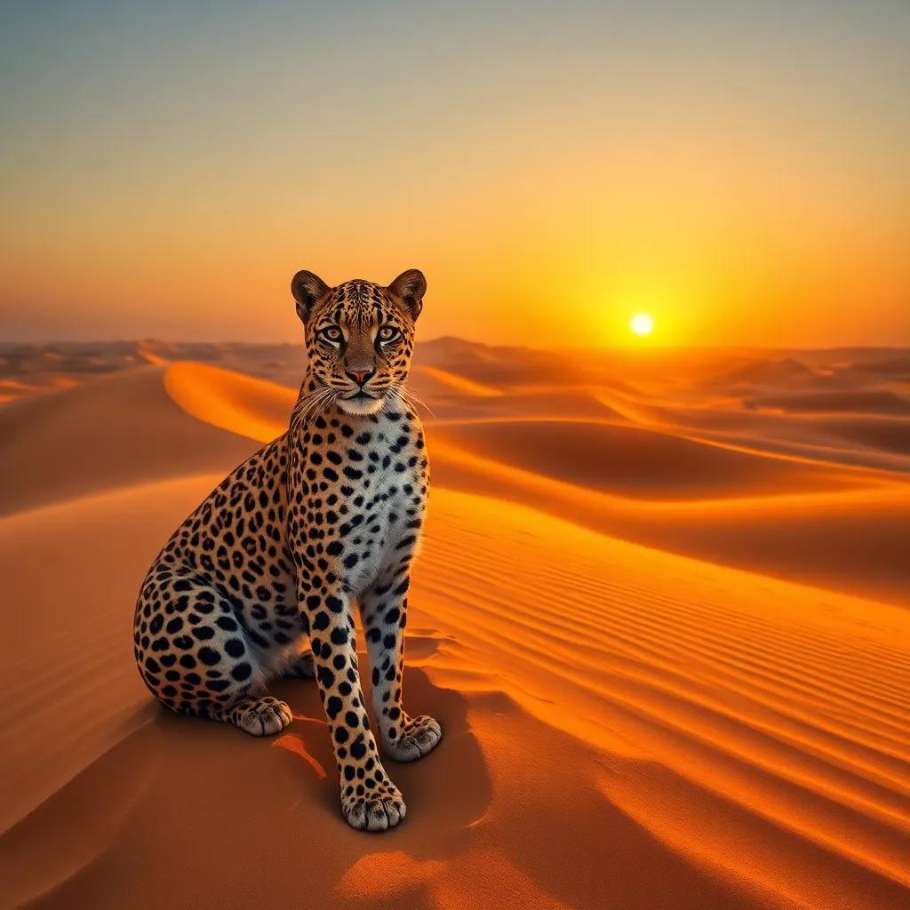 A beautiful desert scene with rolling sand dunes at sunset, featuring a majestic Arabian leopard named Nader with spotted fur, digital art, warm golden colors, inviting atmosphere, high quality