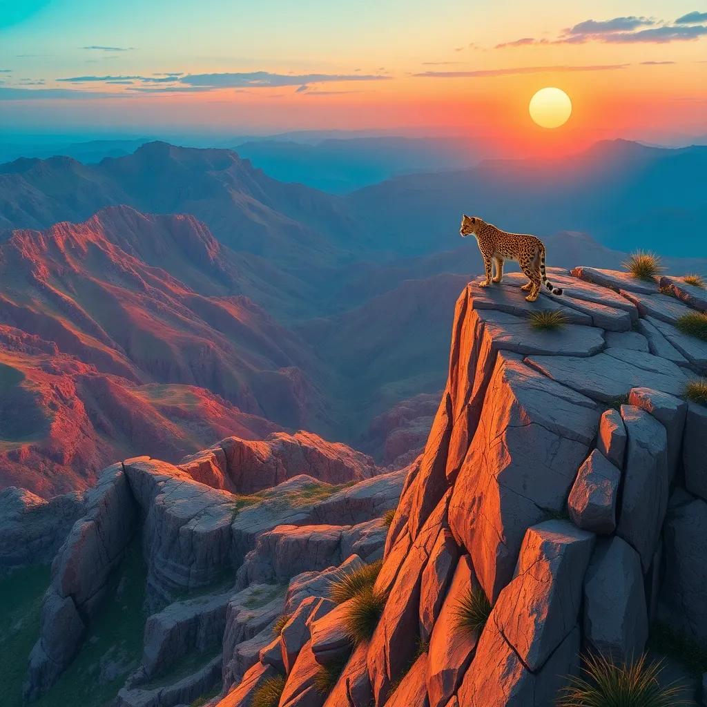 A rocky hillside with narrow valleys, where Nader the leopard climbs high to watch the sunset, detailed illustration, soft lighting, warm tones, breathtaking view, child-friendly