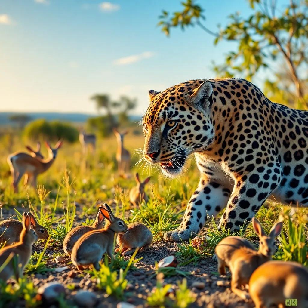 Nader the leopard in the morning, searching for his favorite food, rabbits and gazelles, playful atmosphere, colorful nature, vibrant scenery, artistic depiction, cute