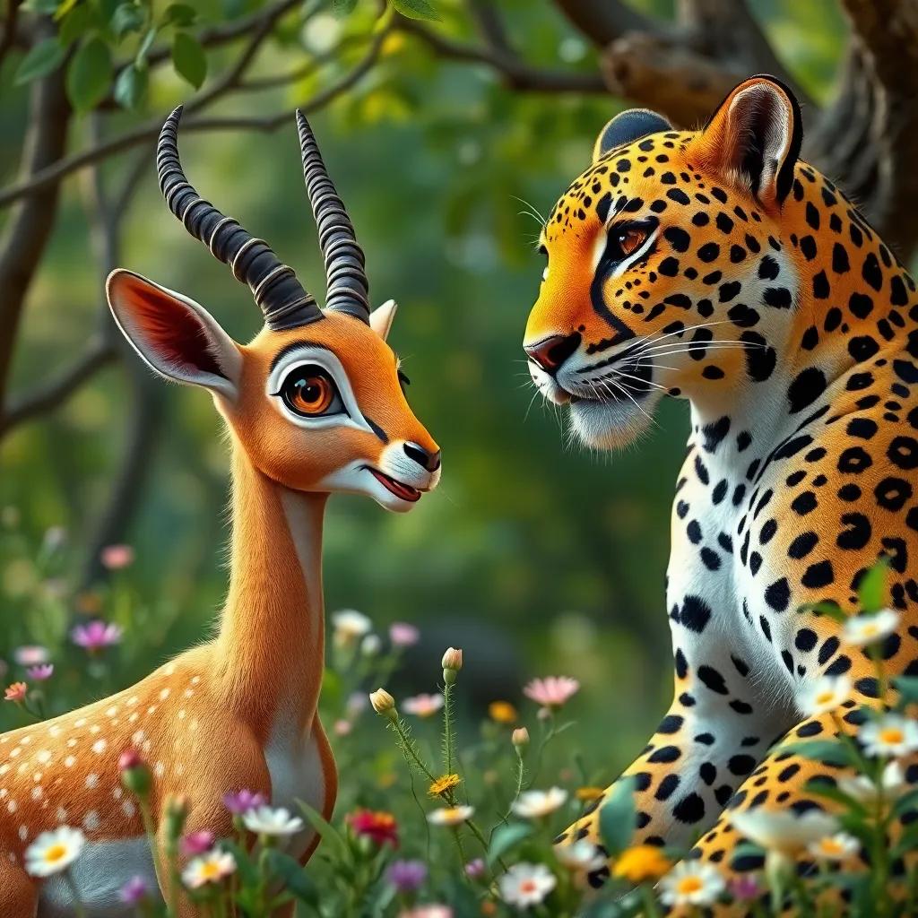 A young gazelle named Rami, frightened, speaking to Nader the leopard, with trees and flowers around them, friendly interaction, cheerful setting, detailed and colorful