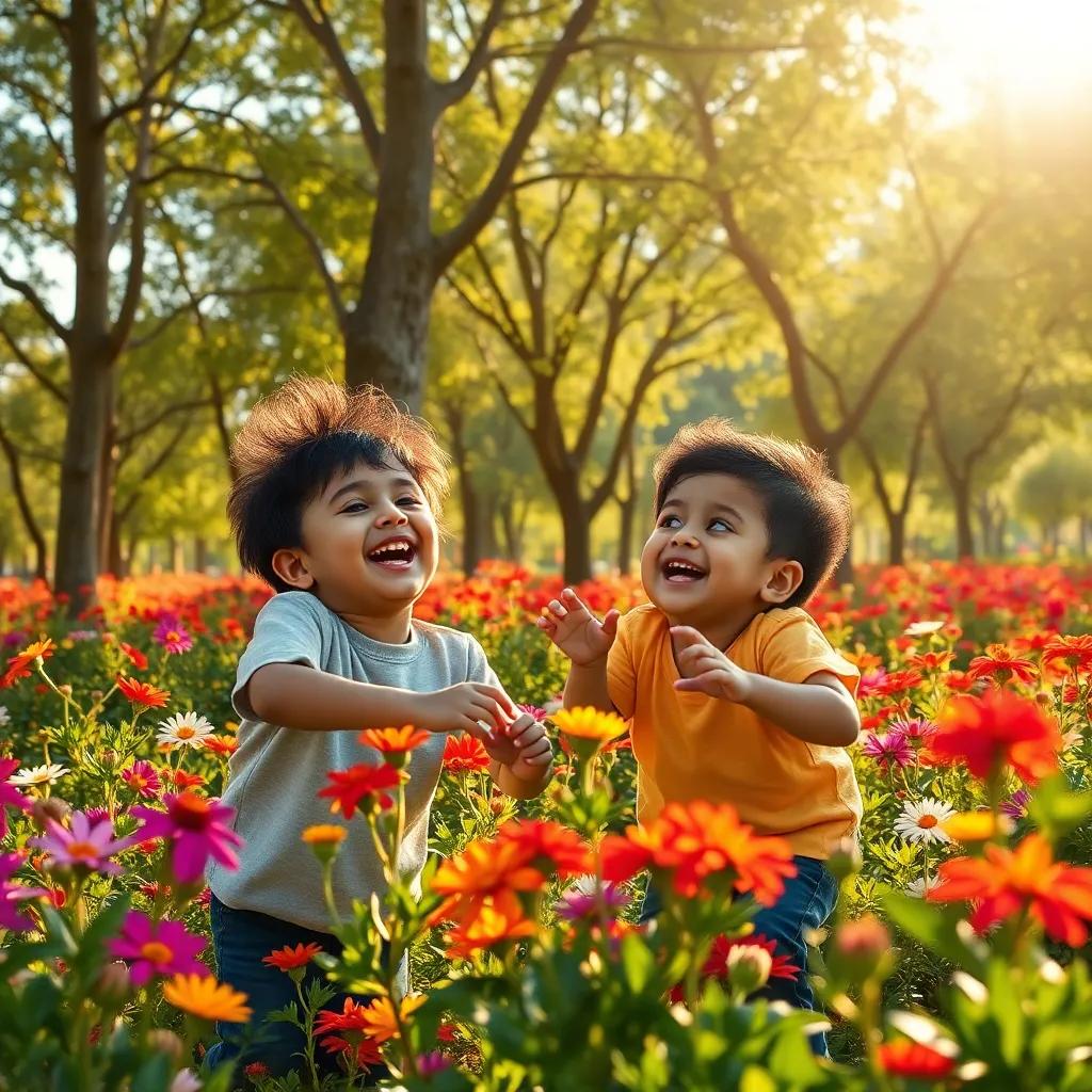 Nader and Rami, happily playing together among trees and flowers, a joyful atmosphere with warm sunlight filtering through, vibrant colors, playful scene, creative