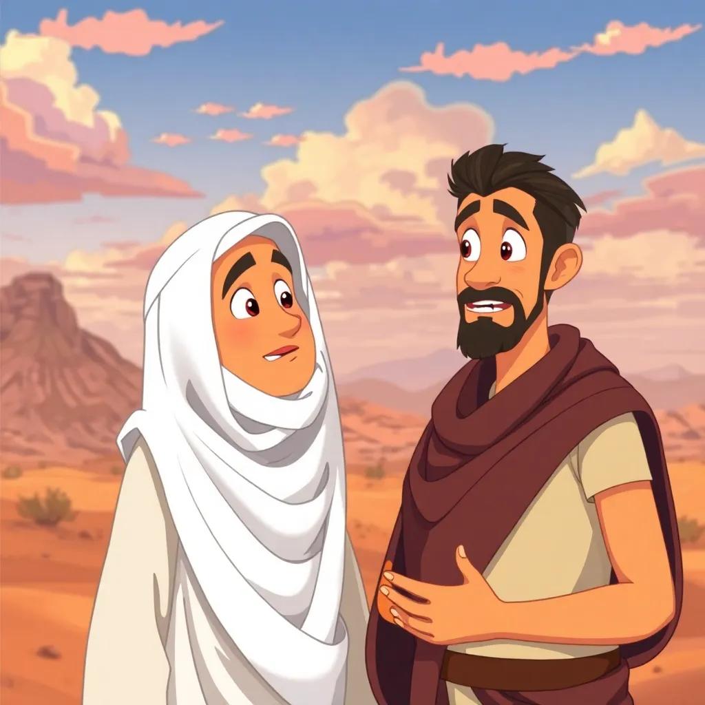 Nader asking Rami about his name, with curious expressions, beautiful desert background, engaging and lively, colorful illustration