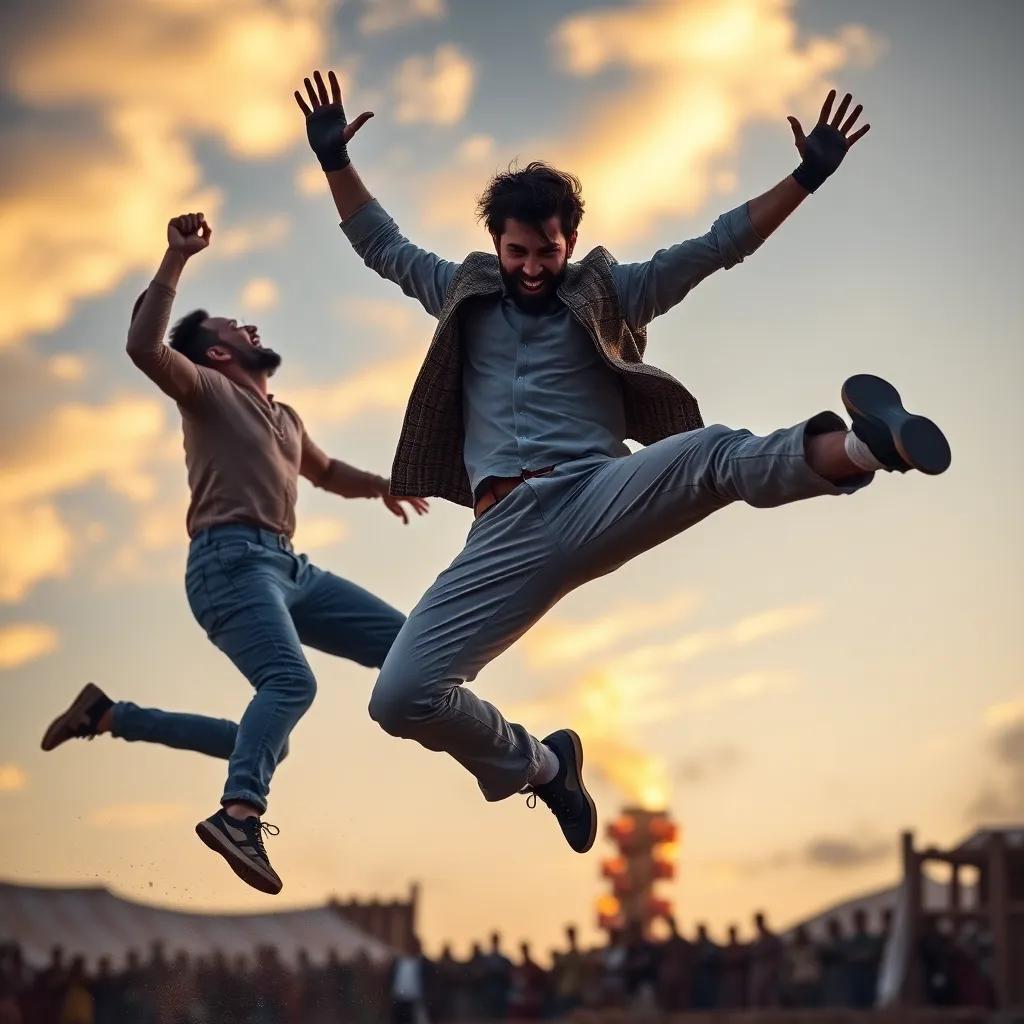 Nader performing a high leap in front of Rami, showcasing his strength, with excited expressions, action-filled scene, artistic and vibrant