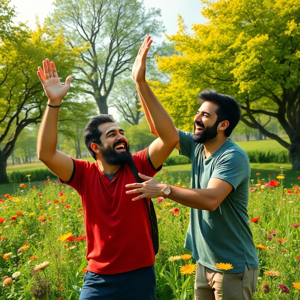 Rami cheering for Nader, in a beautiful natural setting with trees and flowers, expressive and joyful atmosphere, bright colors, engaging artwork