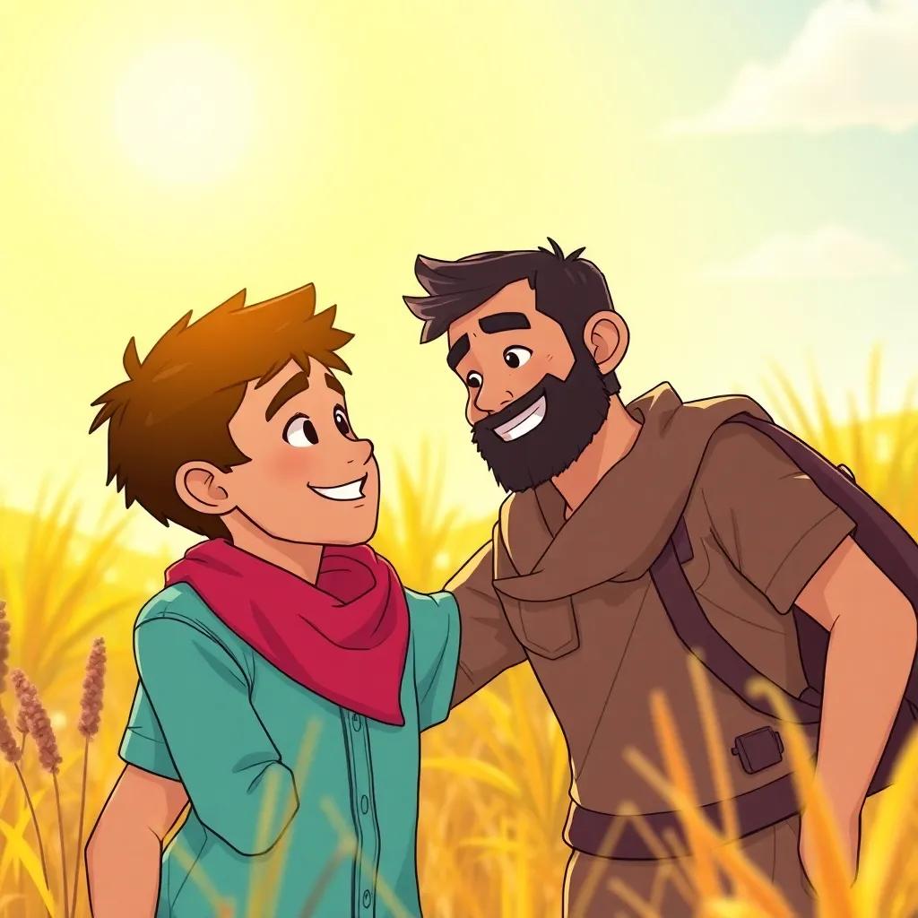Nader declaring friendship to Rami with a happy expression, surrounded by nature under the sun, heartfelt scene, colorful and warm atmosphere, child-friendly