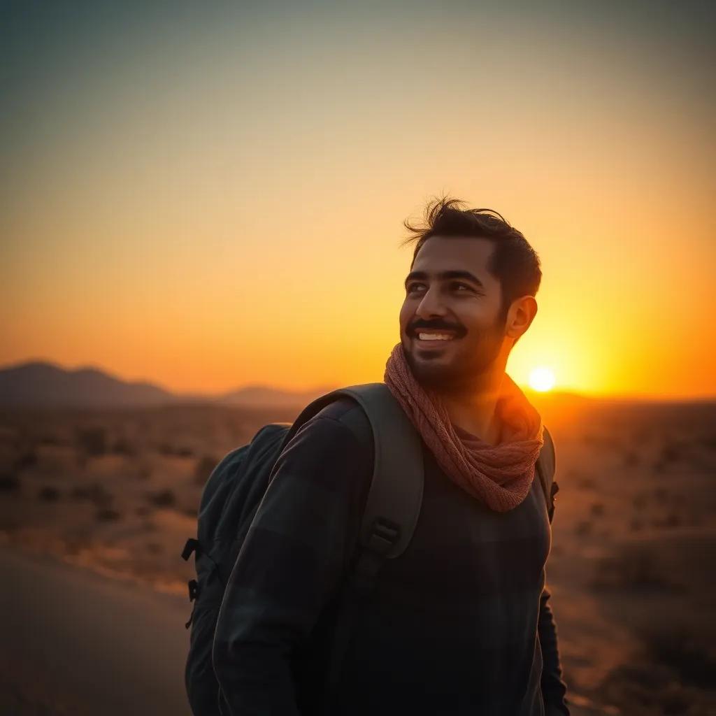 Nader heading home with a smile, thinking about future adventures with Rami, beautiful desert backdrop, warm sunset light, cozy and reassuring scene